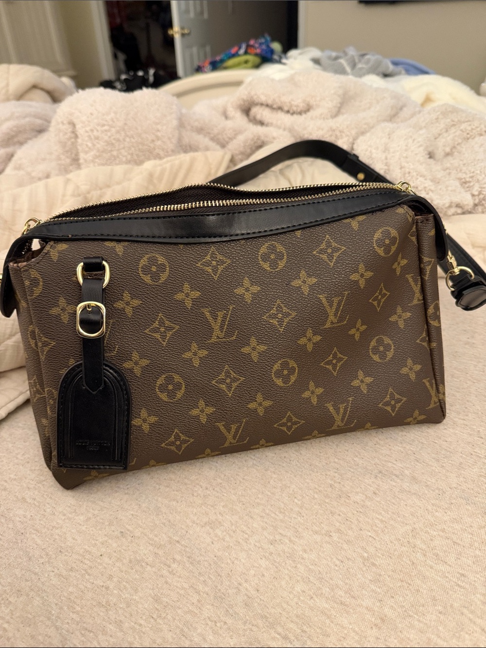LV inspired Monogram Shoulder Bag with Black Trim